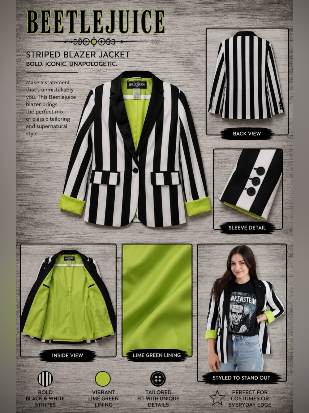 Beetlejuice Costume Bundle 6-Piece Halloween Cosplay Outfit Complete Set - Picture 8 of 13